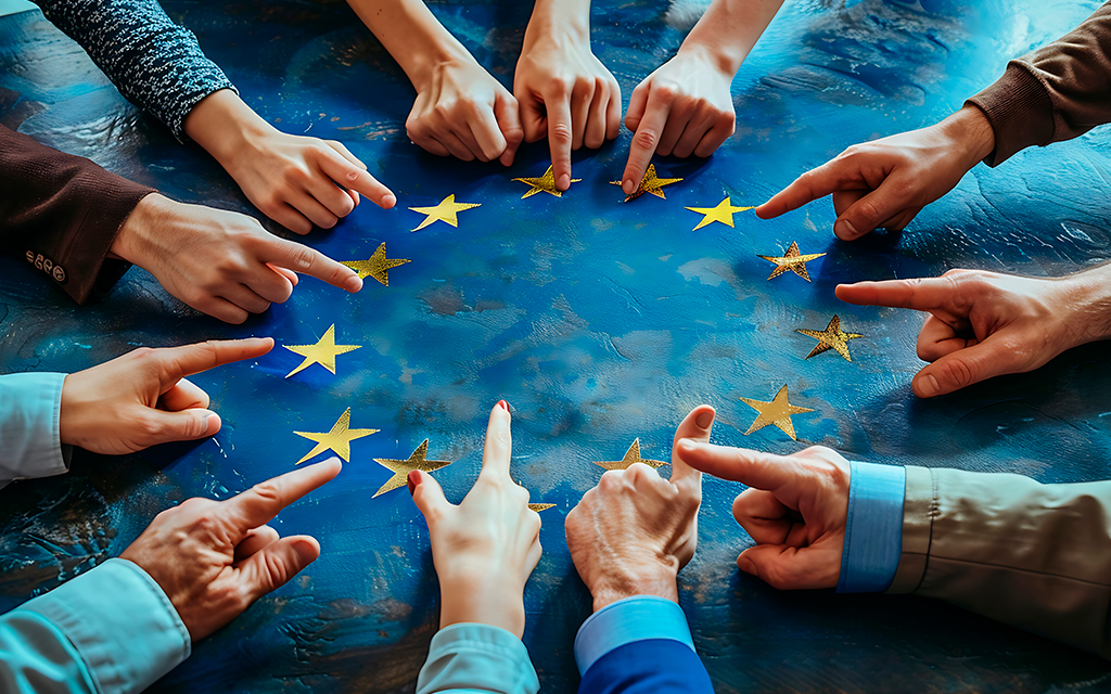 Hands pointing to European Union stars on a blue background