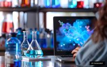 Scientist using molecular simulations on a laptop in a chemistry laboratory with laboratory glassware - AI generated image